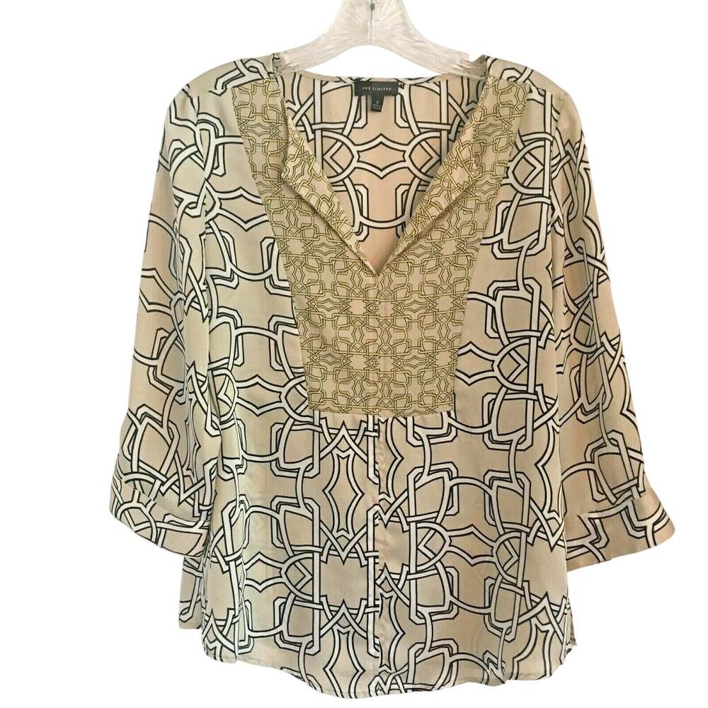The Limited ladies S top tan ivory black geometric lattice print pullover blouse